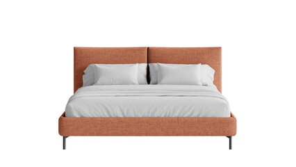 Front view of a bed with a comforter and pillows on an isolated background.