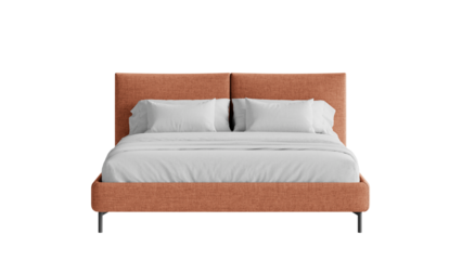 Front view of a bed with a comforter and pillows on an isolated background.