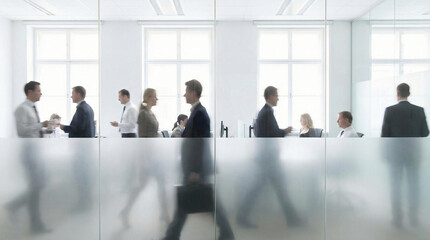 Blurred business people in white glass office background