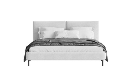 White bed with a blanket and pillows.