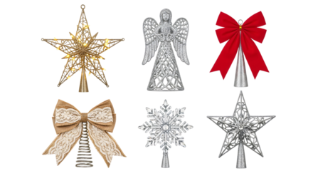 A collection of christmas tree toppers featuring a golden star, silver angel, red bow, golden bow, and silver snowflake, isolated on transparent background