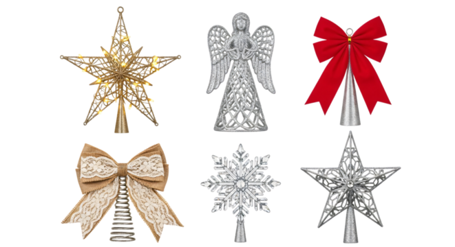 A collection of christmas tree toppers featuring a golden star, silver angel, red bow, golden bow, and silver snowflake, isolated on transparent background