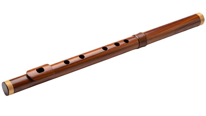 Naklejka premium A dark wood flute with gold accents and circular finger holes against a black background