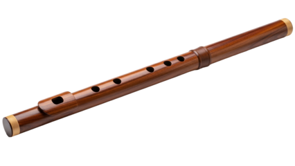A dark wood flute with gold accents and circular finger holes against a black background