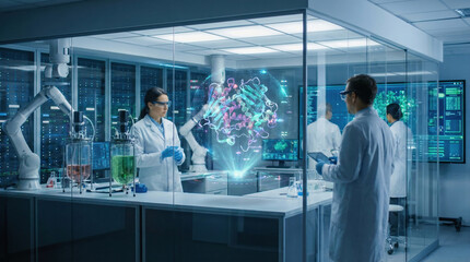 biotechnology innovation high tech lab float holographic model protein