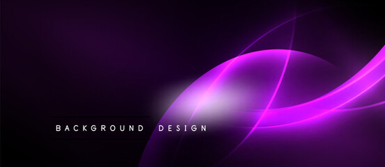 Dark purple background features glowing curved lines. Modern design elements create dynamic visual effect. Simple text reads background design.
