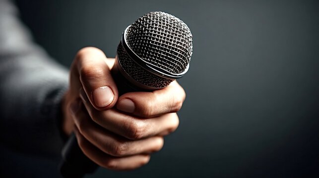 Hand holding a dynamic microphone, capturing sound for various events, covering concepts of communication, interview, performance, broadcast, audio recording, voice, and media