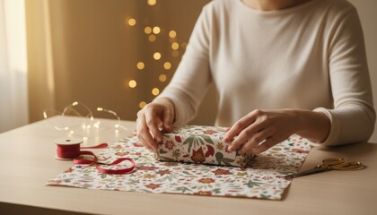 Woman's hands carefully folding patterned wrapping paper around a gift box, preparing for festive celebrations on a wooden table with ribbon, scissors, and bokeh lights