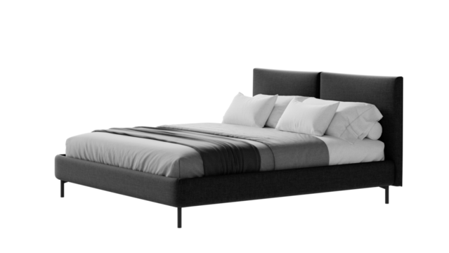 Modern black double bed on an isolated background. Furniture for collages, graphics designs, and presentations.
