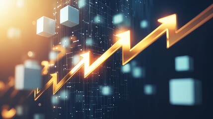 Financial Growth Illustration Featuring Golden Arrow and Tech Cubes for Market Expansion Insight