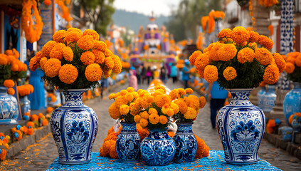 A colorful display of marigolds in a blue and white vase