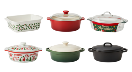 Collection of various ceramic and cast iron baking dishes, casserole pots, and ovenware with lids, including festive christmasthemed designs, isolated on transparent background