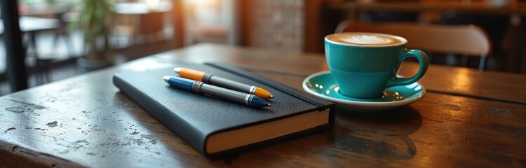 Warm coffee cup with latte art, black notebook, and two colorful pens rest on rustic wooden table in a cafe. Cozy setting for writing, study, creative thoughts, or leisurely morning routine work.