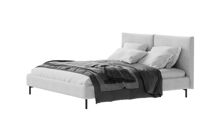 Modern double bed with bedding on an isolated background.
