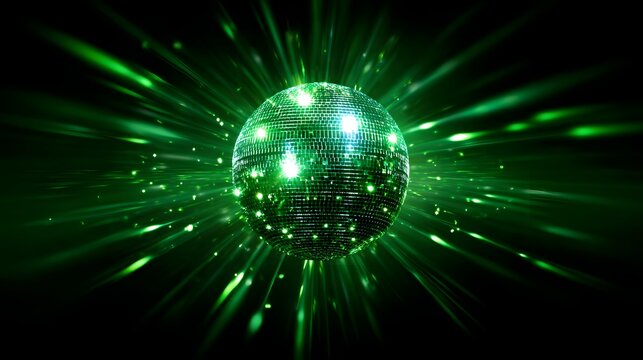 Vibrant green disco ball exploding with brilliant light rays on a dark background.