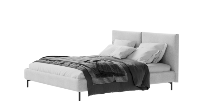 Modern double bed with bedding on an isolated background.
