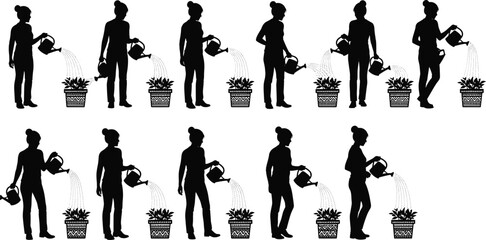 Diverse Female Figures Watering Houseplants in Decorative Pots Silhouette Set Illustrating Women Caring for Indoor and Outdoor Garden Flowers