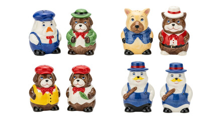 Fototapeta premium Collection of eight colorful ceramic salt and pepper shakers shaped like various animals dressed in different outfits, arranged in pairs and isolated on transparent background