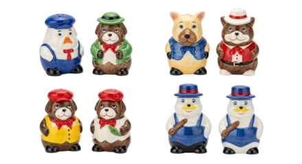 Collection of eight colorful ceramic salt and pepper shakers shaped like various animals dressed in different outfits, arranged in pairs and isolated on transparent background