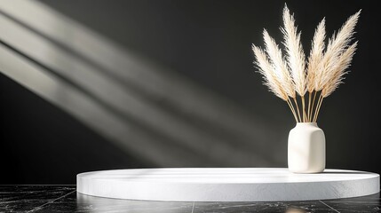 A minimalist scene featuring a white pedestal on a dark marble floor, with a cream-colored vase holding dried pampas grass. Dramatic diagonal light streaks acro