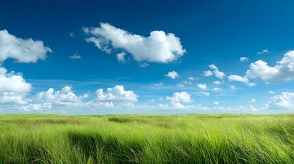 Obraz premium Vibrant Green Grass Field Under a Bright Blue Sky with Fluffy White Clouds on a Sunny Day.