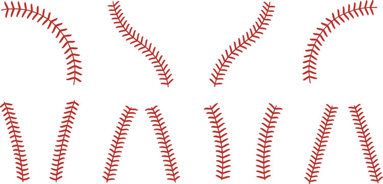 Red Baseball Stitching Seamless Vector Elements Collection Isolated on White Background for Sports Design, Game Logos, and Graphic Texture
