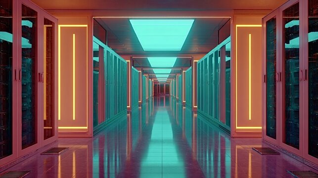 Server room corridor with rows of illuminated server racks, creating a futuristic visual that conceptualizes big data storage, cybersecurity, and advanced computing infrastructure - Powered by Adobe
