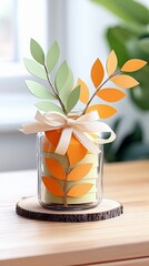 A clear glass jar filled with stacked pastel green and orange paper cutouts shaped like leaves, adorned with a cream ribbon tied around its neck. The jar sits o