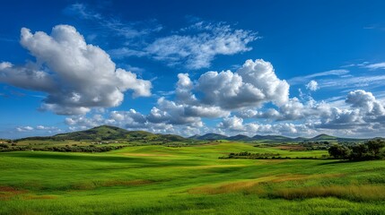 Fototapeta premium Vibrant Green Landscape Under a Dynamic Blue Sky with Fluffy White Clouds.
