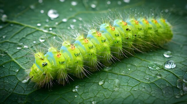 Vibrant green Io moth caterpillar crawling on a large leaf covered in fresh morning dew drops. - Powered by Adobe
