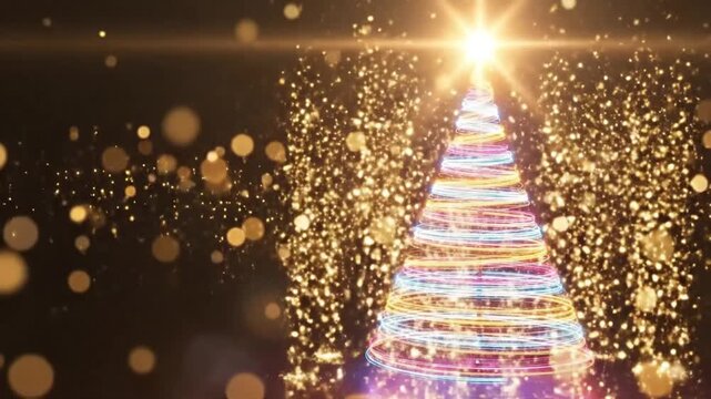 Vivid Neon Spiral Christmas Tree with Glowing Multicolor Lights on Dark Background