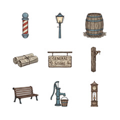 Hand-drawn collection of vintage Americana objects representing a classic old town and general store