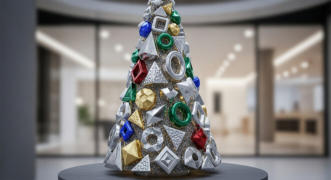 Modern Christmas tree sculpture made of geometric shapes a unique holiday decoration displayed in a contemporary office lobby