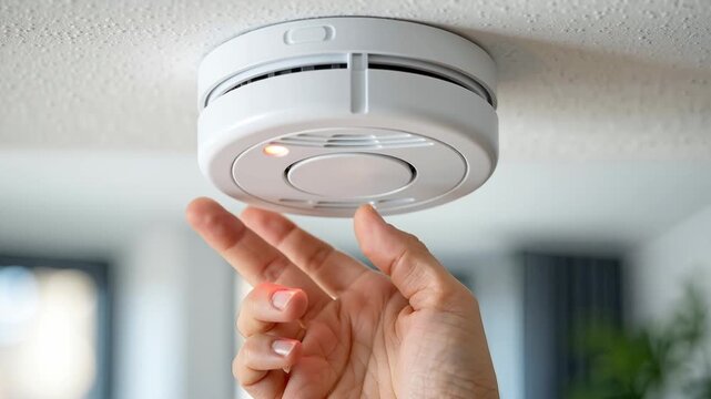 a close-up hand activates a ceiling smoke detector by pressing the central test button inside a bright modern home