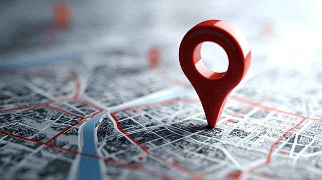 Red map pin indicating a destination or current position on a detailed digital city map, representing concepts of navigation, travel, cartography, and global exploration