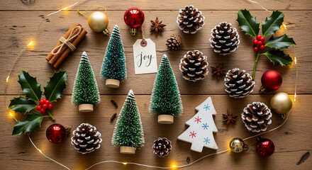 Christmas decoration with pine cones miniature trees and string lights on a rustic wooden background creating a festive holiday scene