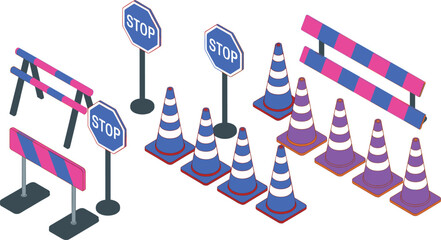 Isometric illustration of traffic cones, stop signs, road barriers, construction safety equipment for traffic control, highway warning tools, urban roadway protection