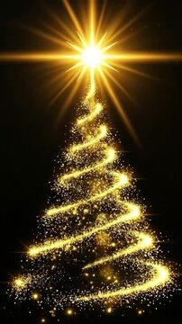 Golden Glitter Christmas Tree on Black Background, Elegant Spiral Holiday Design