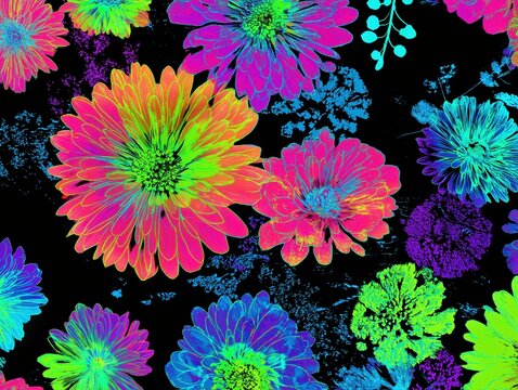Vibrant neon flowers creating abstract floral pattern - Powered by Adobe