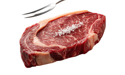Obraz premium Raw Steak with Salt and Fork Isolated on Transparent Background Showing Texture Detail and Culinary Preparation