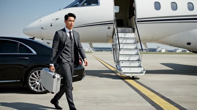 Private Jet Asian Businessman Exiting Car Walking Toward