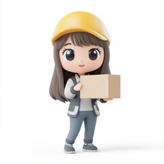 3D chibi female sales worker lifting a small product box slightly upward as if demonstrating it to a customer