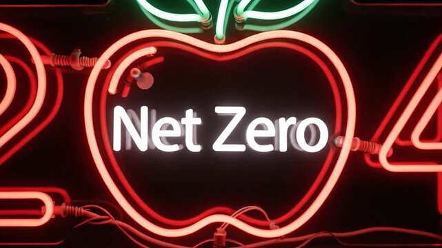 Neon sign displaying 20 net zero 41 with an apple logo, symbolizing sustainability