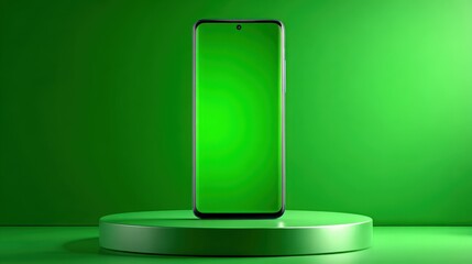 A bezel-free smartphone placed upright on a clean white pedestal in a professional 4K studio setup.