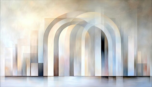 An abstract architectural composition featuring overlapping arches and vertical rectangular shapes in a muted, soft color palette with a reflective surface belo