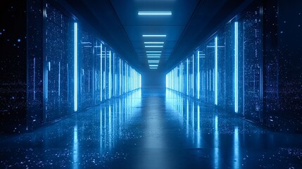 Digital data flowing through a long, illuminated server corridor, representing advanced computing infrastructure, artificial intelligence, and global network connectivity