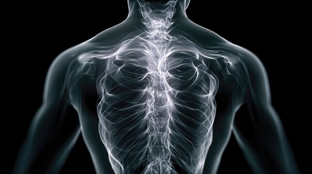 A stylized, glowing X-ray of the human nervous system, showing the spine and branching nerves against a black background.