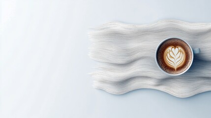 A top-down view of a light blue coffee cup filled with a latte, featuring intricate latte art in the shape of a heart and petals. The cup rests on a wavy, textu
