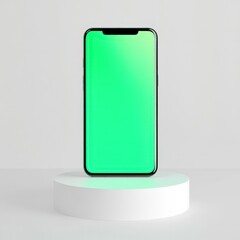 A bezel less smartphone positioned vertically on a pure white pedestal, its vivid green screen shining brightly.