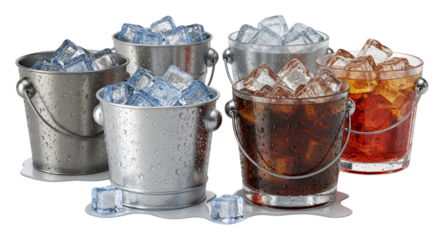 Several metal buckets filled with ice and refreshing beverages like cola and soda, perfectly chilled and ready to serve, isolated on transparent background